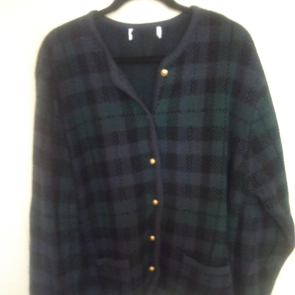 Green and black plaid button down sweater